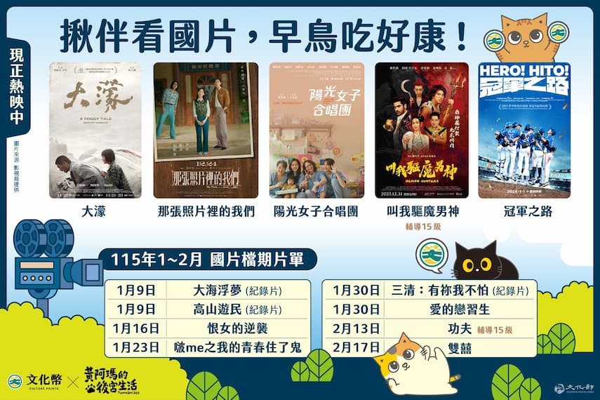 文化部鼓勵青少年使用文化幣揪伴看國片,看早場國片350點可獲得200點回饋。