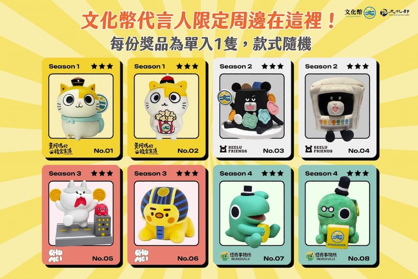 文化幣四季代言人限定聯名周邊,集結各季人氣IP,每份獎品為單入1隻,款式採隨機方式抽出。
