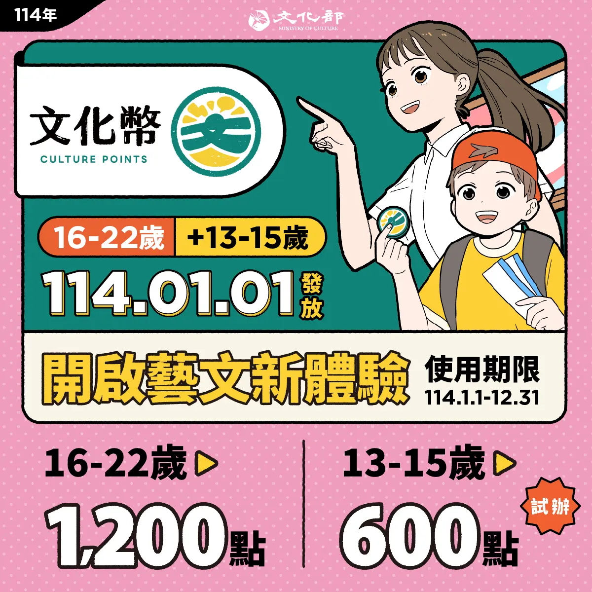 114年文化禮金元旦開放領用 13-15歲青年首次加入 完整使用攻略公開